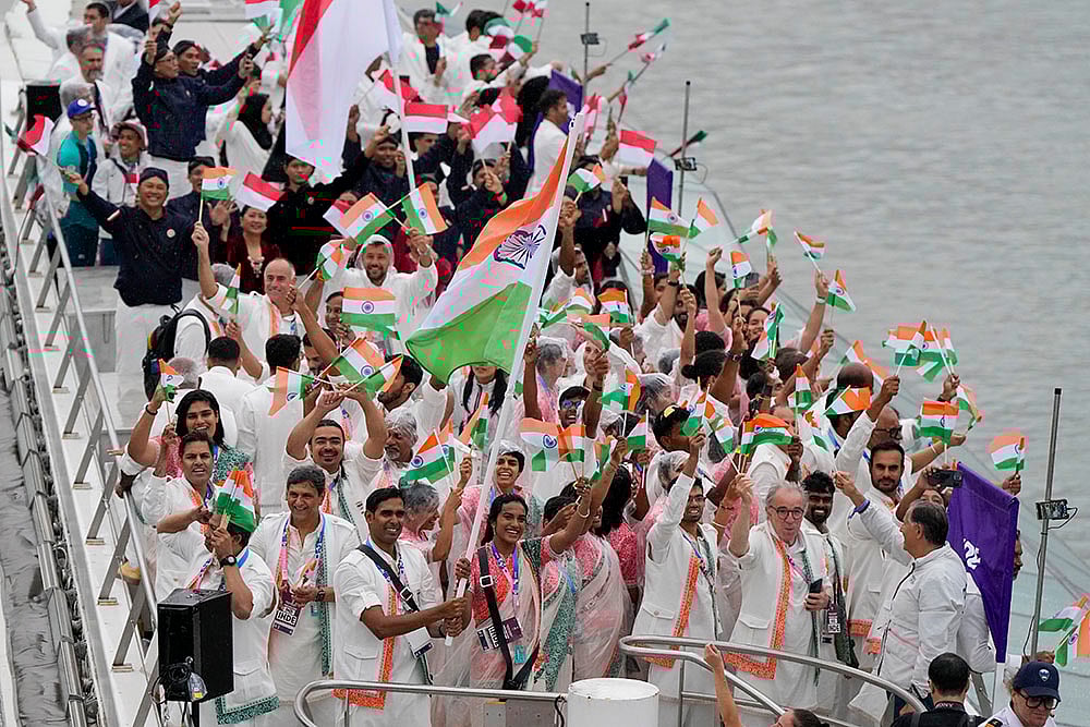 | Photo: AP/Matthias Schrader : Indian athletes during 2024 Olympics Opening Ceremony